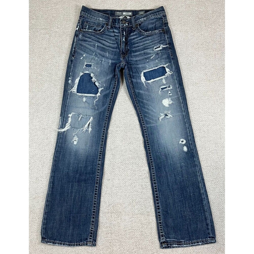 BKE Jeans Jake Bootleg Men’s 30R 32x32 Blue Denim Distressed Destroyed Grunge
